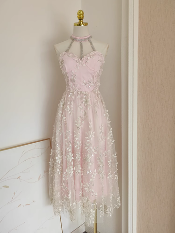 A line High Neckline Pink Tulle Dinner Party Dresses Birthday Outfits SD393